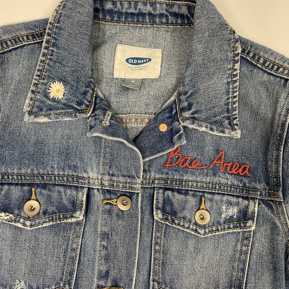 Old Navy Embroidered Bae Area, Daisy & Heart Denim Jean Jacket Size Medium - Picture 3 of 9